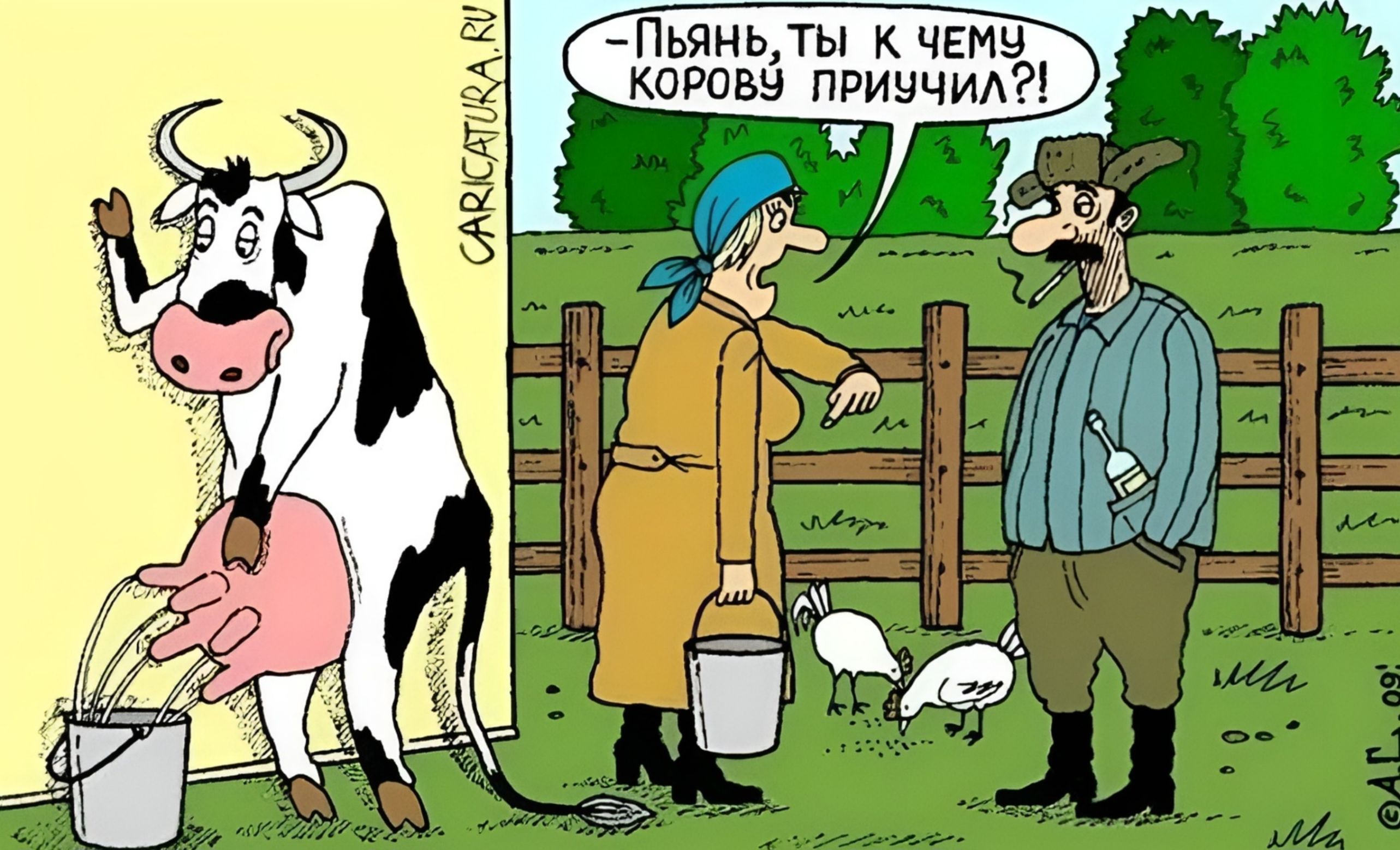 — Пьянь, ты к чему корову причинил?!