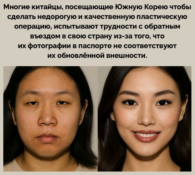 Многие китайцы, посещающие Южную Корею чтобы сделать недорогую и качественную пластическую операцию, испытывают трудности с обратным въездом в свою страну из-за того, что их фотографии в паспорте не соответствуют их обновлённой внешности.