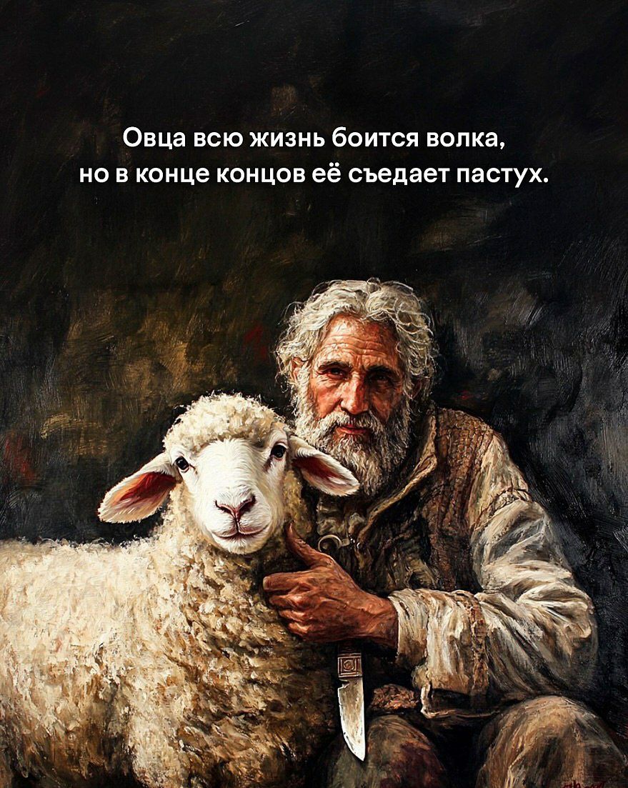 Овца всю жизнь боится волка, но в конце концов её съедает пастух.