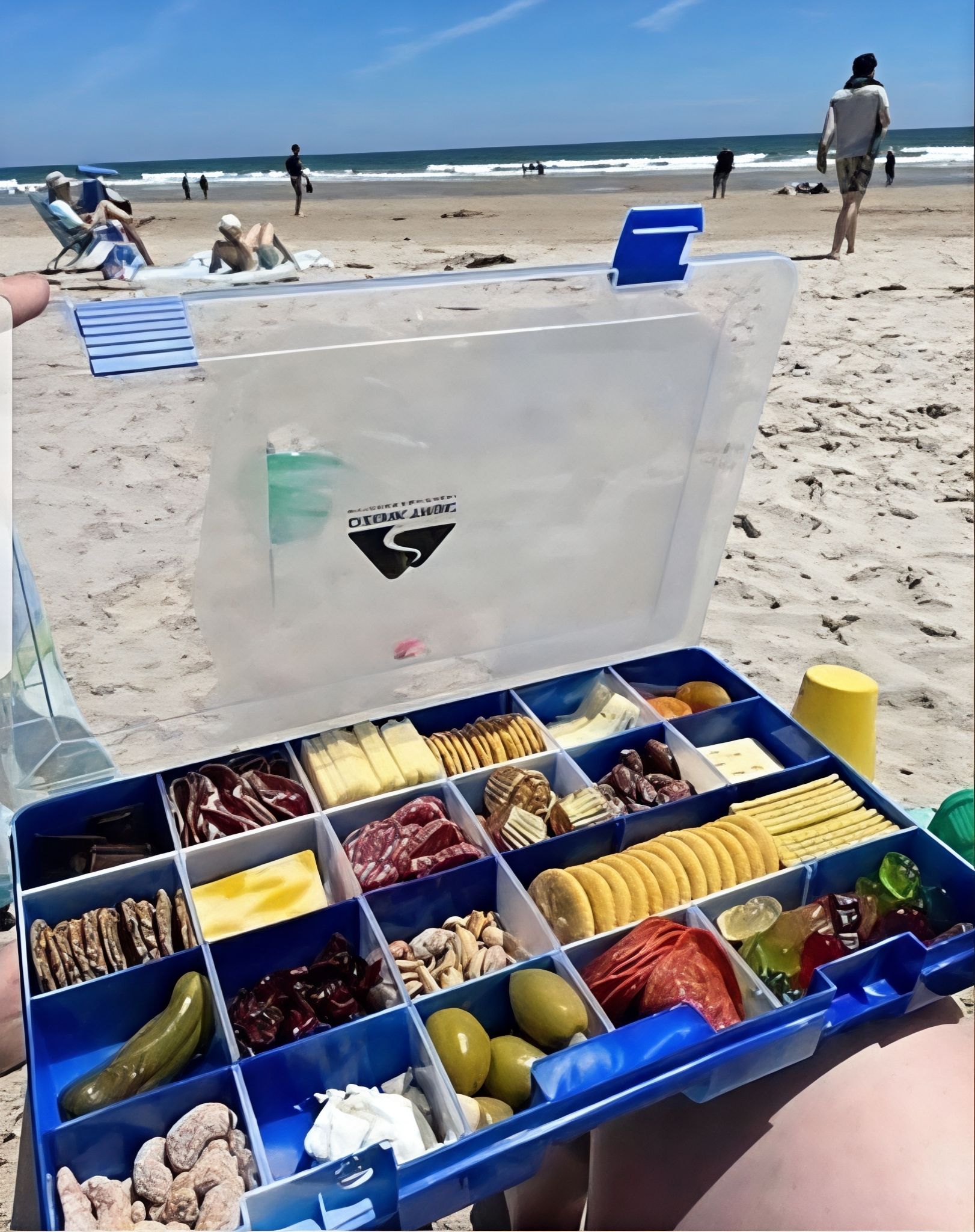 Пляжный набор закусок в пластиковом кейсе. Внутри секций: крекеры, ломтики сыра, колбаса, оливки, лимоны, фрукты и другие закуски. На песке люди отдыхают возле моря, берег и волны видны на фоне.