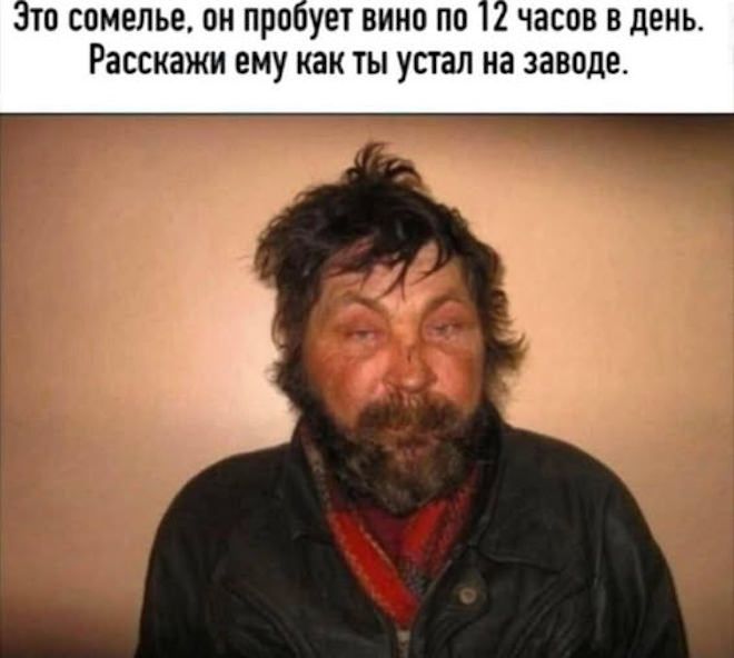 Это сомелье, он выпивает вино по 12 часов в день. Расскажи ему как ты устал на заводе.