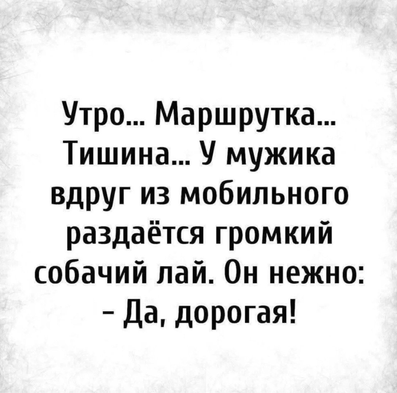 Утро... Маршрутка... Тишина... У мужика вдруг из мобильного раздаётся громкий собачий лай. Он нежно: - Да, дорогая!