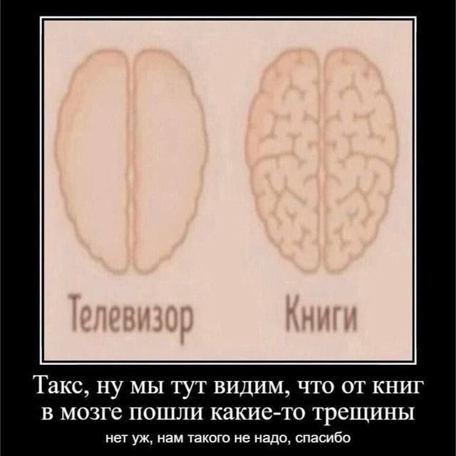 Телевизор   Книги
Такое, ну мы тут видим, что от книг в мозге пошли какие-то трещины
нет уж, нам такого не надо, спасибо