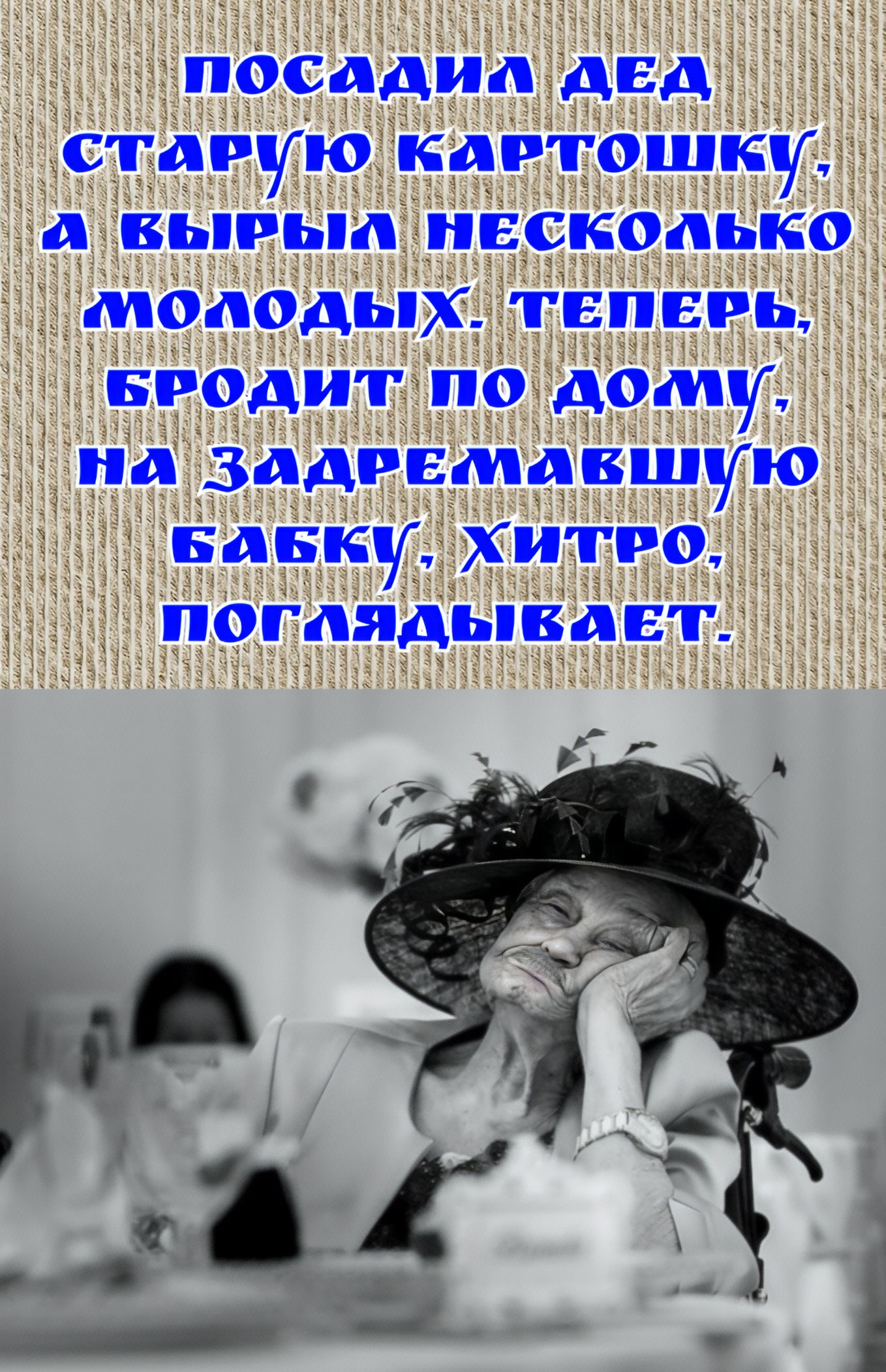 посадил дед старую картошку, а вырыл несколько молодых. теперь, бродит по дому, на задремавшую бабку, хитро, поглядывает.