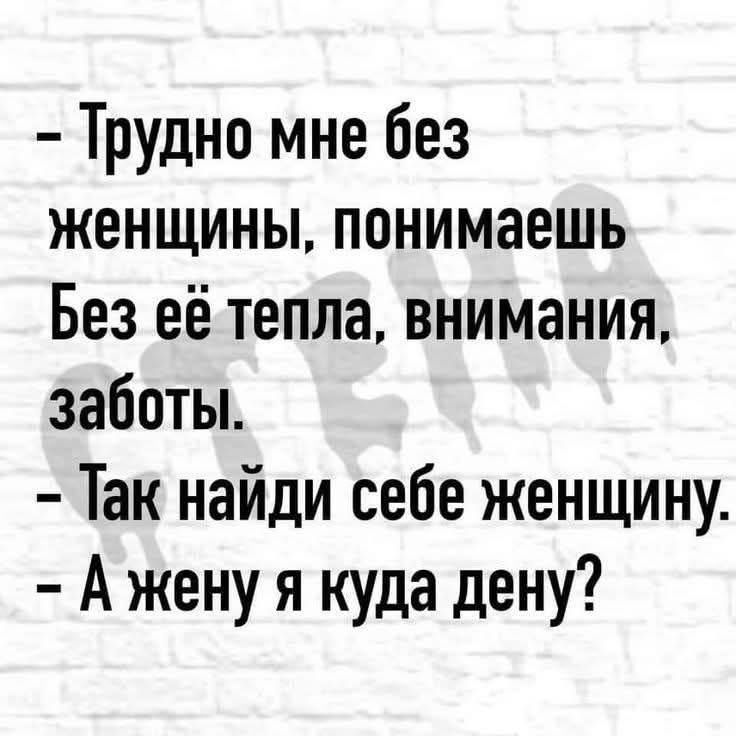 - Трудно мне без
женщины, понимаешь
Без её тепла, внимания,
заботы.
- Так найди себе женщину.
- А жену я куда дену?