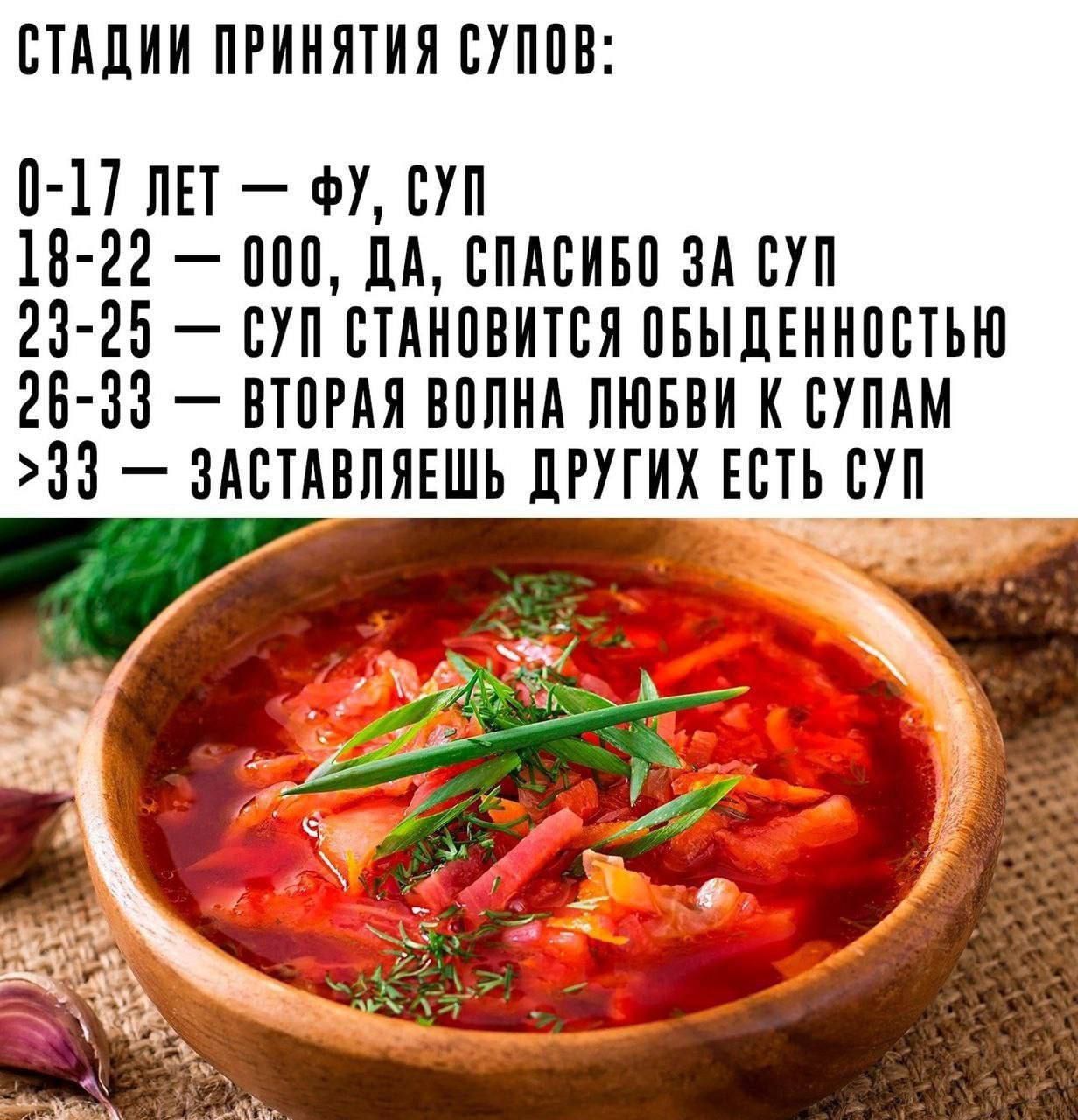 СТАДИИ ПРИНИЯТИЯ СУПОВ:
0-17 ЛЕТ — ФУ, СУП
18-22 — ООО, ДА, СПАСИБО ЗА СУП
23-25 — СУП СТАНОВИТСЯ ОБЫДЕННОСТЬЮ
26-33 — ВТОРАЯ ВОЛНА ЛЮБВИ К СУПАМ
>33 — ЗАСТАВЛЯЕШЬ ДРУГИХ ЕСТЬ СУП