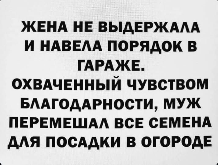 ЖЕНА НЕ ВЫДЕРЖАЛА И НАВЕЛА ПОРЯДОК В ГАРАЖЕ. ОХВАЧЕННЫЙ ЧУВСТВОМ БЛАГОДАРНОСТИ, МУЖ ПЕРЕМЕШАЛ ВСЕ СЕМЕНА ДЛЯ ПОСАДКИ В ОГОРОДЕ