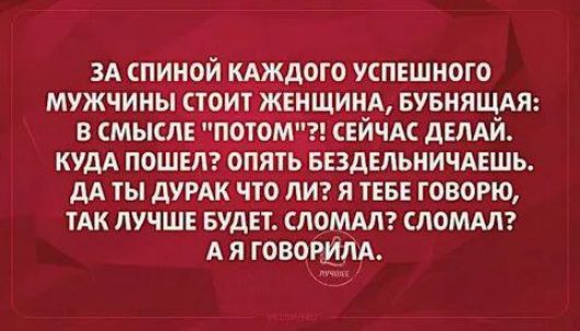 ЗА СПИНОЙ КАЖДОГО УСПЕШНОГО МУЖЧИНЫ СТОИТ ЖЕНЩИНА, БУБНЯЩАЯ: В СМЫСЛЕ «ПОТОМ»?! СЕЙЧАС ДЕЛАЙ. КУДА ПОШЛЕ? ОПЯТЬ БЕЗДЕЛЬНИЧАЕШЬ. ДА ЕТЫ ТАРД ЧТО ЛИ? Я ТЕБЕ ГОВОРЮ, ТАК ЛУЧШЕ БУДЕТ. СЛОМАЛ? СЛОМАЛ? А Я ГОВОРИЛА.