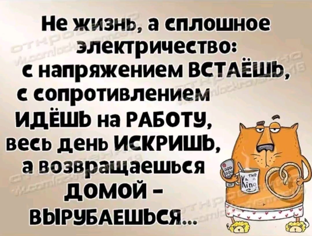 Не жизнь, а сплошное электричество: С напряжением ВСТАЁШЬ, С сопротивлением ИДЁШЬ на РАБОТУ, весь день ИСКРИШЬ, а возвращаешься HOME – ВЫРУБАЕШЬСЯ...