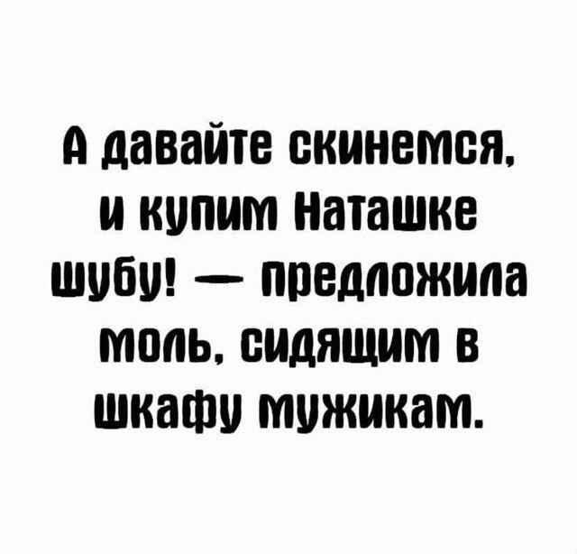 А давайте скинемся, и купим Наташке шубу! — предложила моль, сидящим в шкафу мужикам.