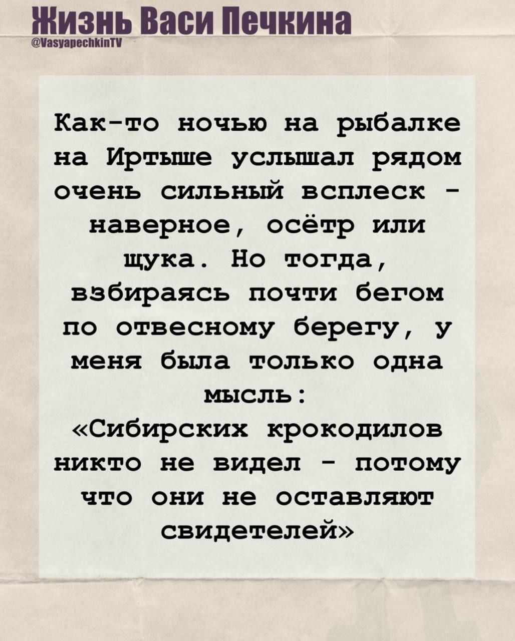 Как-то ночью на рыбалке на Иртыше услышал рядом очень сильный всплеск - наверное, осётр или щука. Но тогда, взбираясь почти белым по отвесному берегу, у меня была только одна мысль: «Сибирских крокодилов никто не видел - потому что они не оставляют свидетелей»