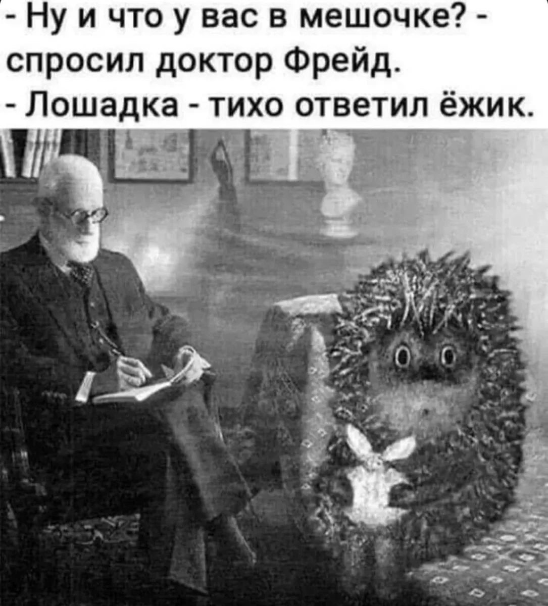 - Ну и что у вас в мешочке? - спросил доктор Фрейд.
- Лошадка - тихо ответил ёжик.