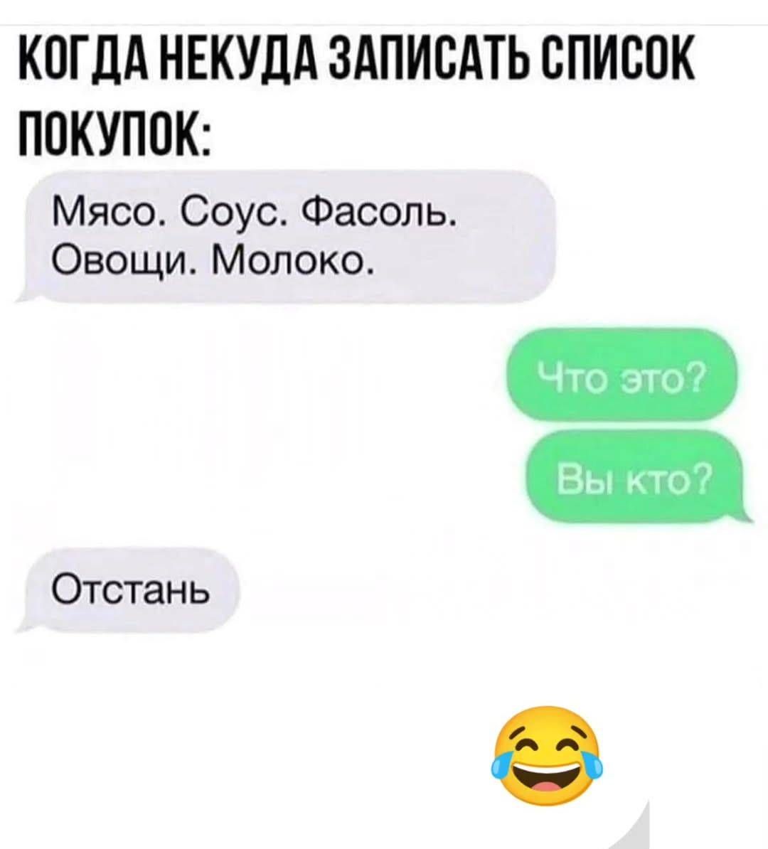 КОГДА НЕКУДА ЗАПИСАТЬ СПИСОК ПОКУПОК:\nМясо. Соус. Фасоль. Овощи. Молоко.\nЧто это?\nВы кто?\nОтстать\n😂