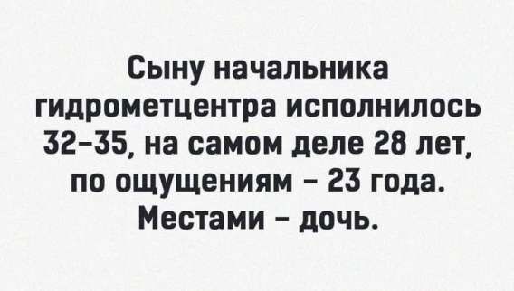 Сыну начальника гидрометцентра исполнилось 32–35, на самом деле 28 лет, по ощущениям – 23 года. Местами – дочь.