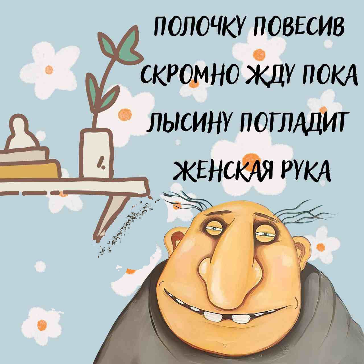 Полочку повесив скромно жду пока лысину погладит женская рука