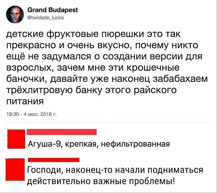 детские фруктовые пюрешки это так прекрасно и очень вкусно, почему никто ещё не задумался о создании версии для взрослых, зачем мне эти крошечные баночки, давайте уже наконец забабахаём трёхлитровую банку этого райского питания 19:30 - 4 июл. 2018 г.

[redacted] Агуша-9, крепкая, нефильтрованная

[redacted] Господи, наконец-то начали подниматься де