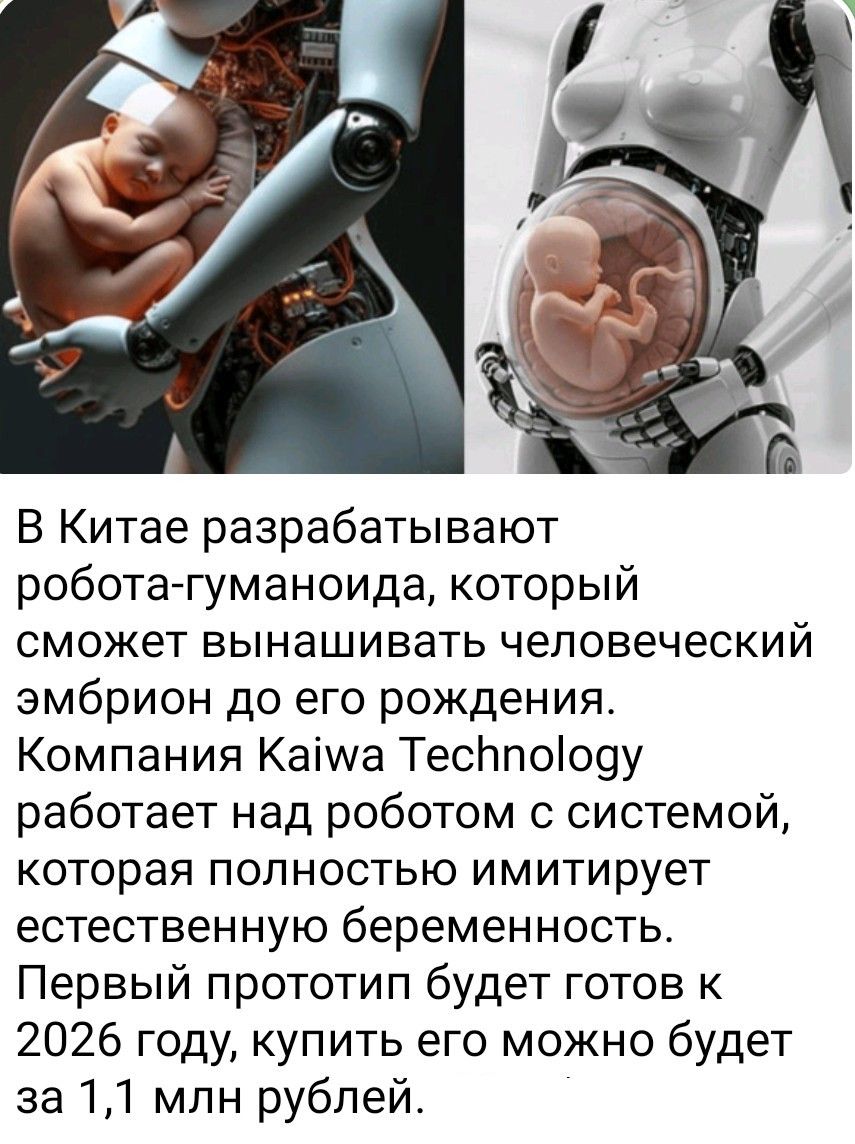 В Китае разрабатывают робота-гуманоида, который сможет вынашивать человеческий эмбрион до его рождения. Компания Kaiwa Technology работает над роботом с системой, которая полностью имитирует естественную беременность. Первый прототип будет готов к 2026 году, купить его можно будет за 1,1 млн рублей.