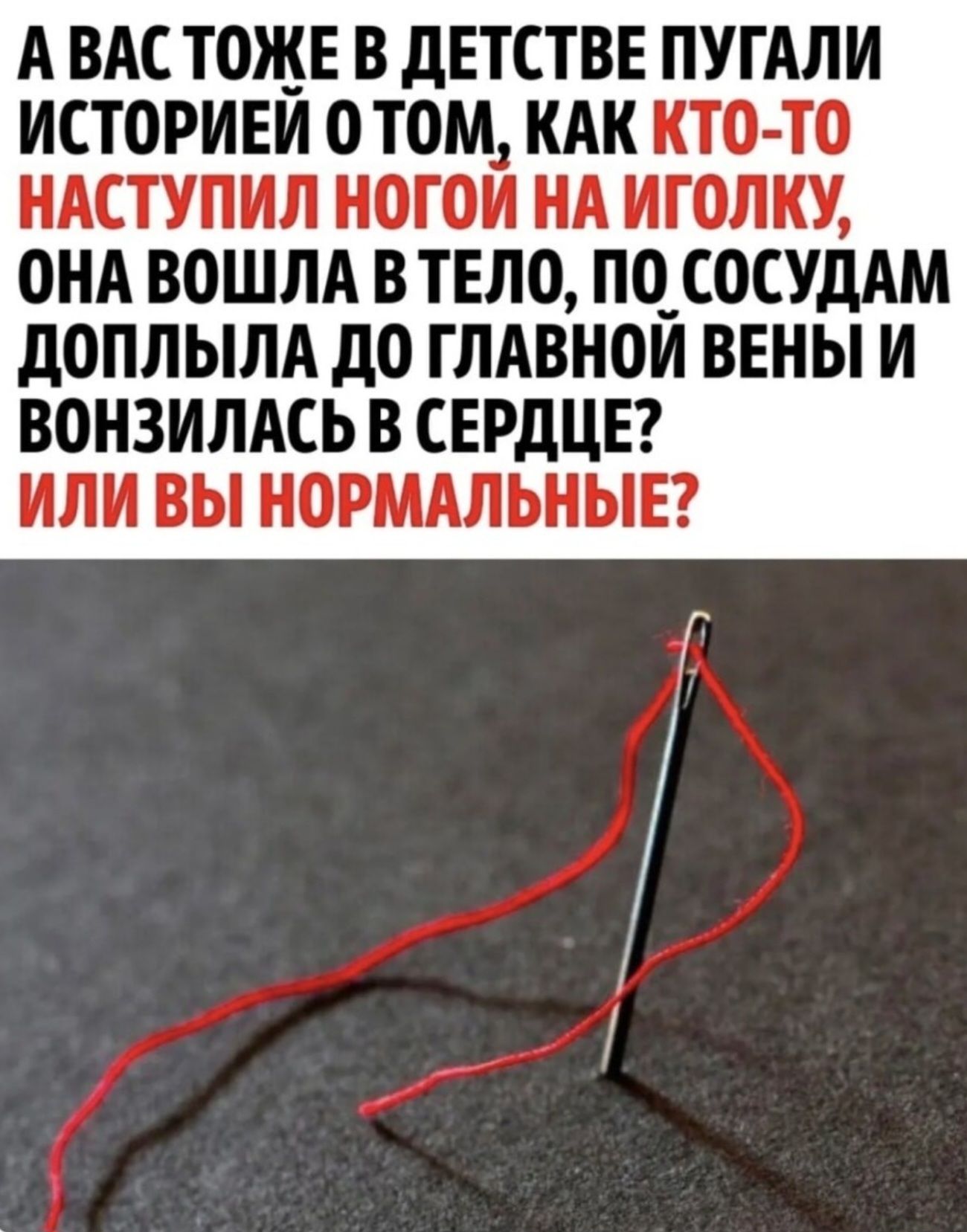 А ВАС ТОЖЕ В ДЕТСТВЕ ПУГАЛИ ИСТОРИЕЙ О ТОМ, КАК КТО-ТО НАСТУПИЛ НОГОЙ НА ИГОЛКУ, ОНА ВОШЛА В ТЕЛО, ПО СОСУДАМ ДОШЛА ДО ГЛАВНОЙ ВЕНЫ И ВЗНИЗЛАСЬ В СЕРДЦЕ? ИЛИ ВЫ НОРМАЛЬНЫЕ?