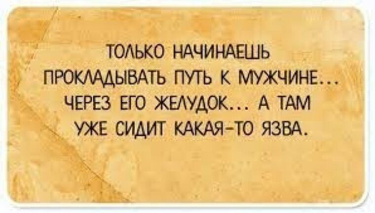 ТОЛЬКО НАЧИНАЕШЬ ПРОКЛАДЫВАТЬ ПУТЬ К МУЖЧИНЕ... ЧЕРЕЗ ЕГО ЖЕЛУДОК... А ТАМ УЖЕ СИДИТ КАКАЯ-ТО ЯЗВА.
