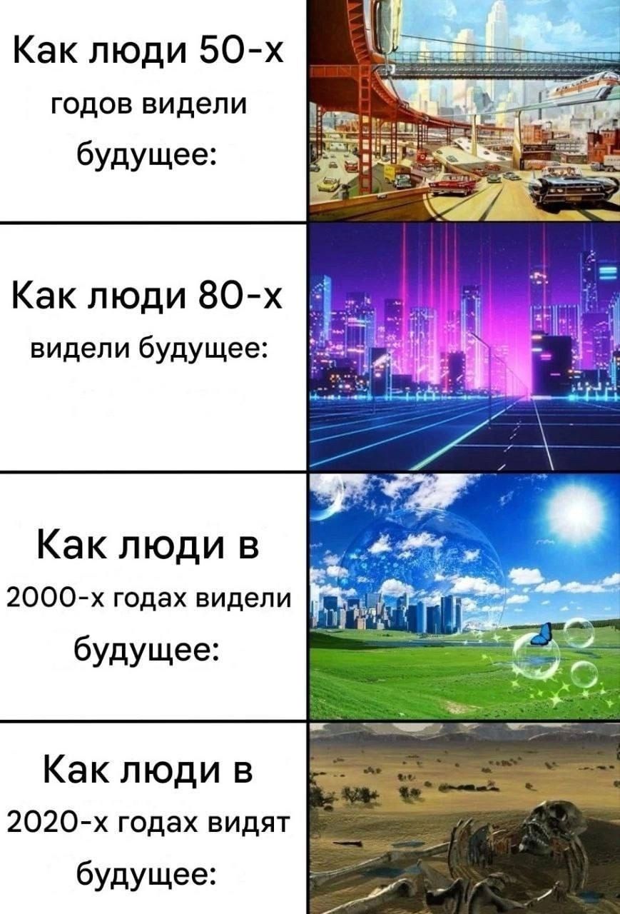 Как люди 50-х годов видели будущее:\nКак люди 80-х видели будущее:\nКак люди в 2000-х годах видели будущее:\nКак люди в 2020-х годах видят будущее:
