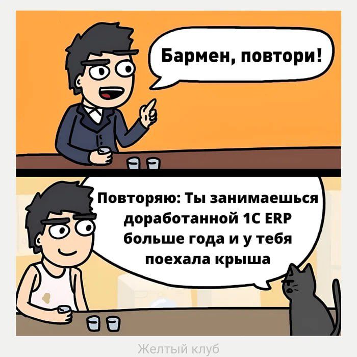 Бармен, повтори!
Повторяю: Ты занимаешься доработанной 1C ERP больше года и у тебя поехала крыша