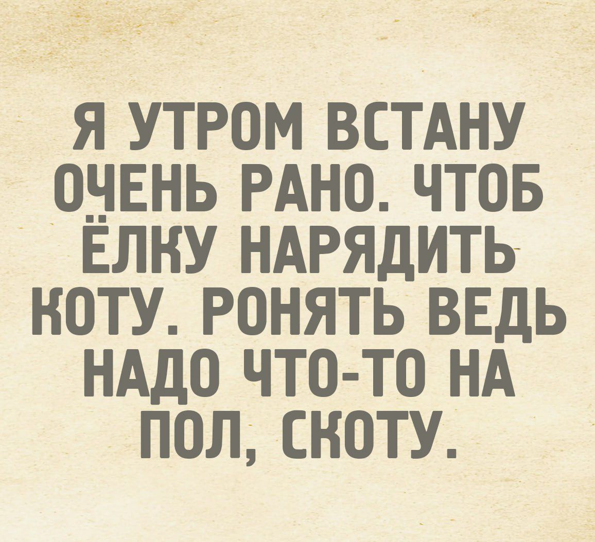 Я УТРОМ ВСТАНУ ОЧЕНЬ РАНО, ЧТОБЫ ЁЛКУ НАРЯДИТЬ КОТУ. РОНЯТЬ ВЕДЬ НАДО ЧТО-ТО НА ПОЛ, СКОТУ.