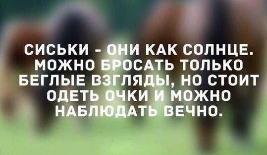 СИСЬКИ - ОНИ КАК СОЛНЦЕ. МОЖНО БРОСАТЬ ТОЛЬКО БЕГЛЫЕ ВЗГЛЯДЫ, НО СТОИТ ОДЕТЬ ОЧКИ И МОЖНО НАБЛЮДАТЬ ВЕЧНО.