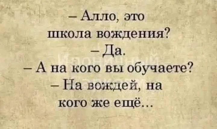 — Алло, это
школа вождения?
— Да.
— А на кого вы обучаете?
— На воджей, на
кого же ещё…