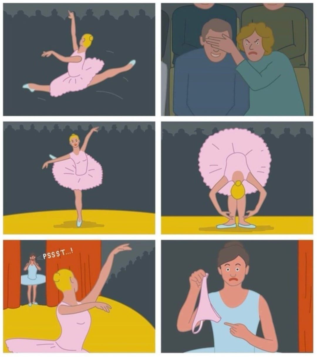 Балерина в розовом tutu танцует на сцене. Зрители в зале, один человек закрывает глаза. Балерина повторяет движения, стоит на одной ноге. Балерина наклоняется, руки у неё над головой. На сцене появляется другая женщина, зрители аплодируют; над сценой звучит «PSSST».