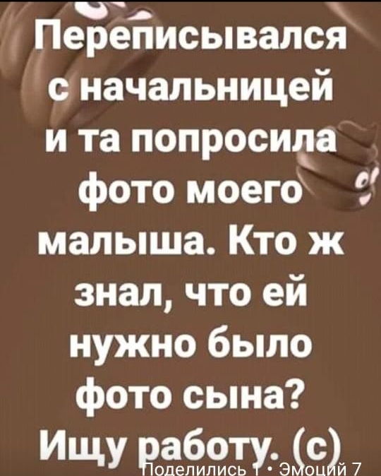 Переписывался с начальницей и та попросила фото моего малыша. Кто же знал, что ей нужно было фото сына? Ищу работу. (с)