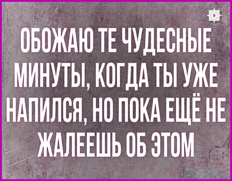 ОБОЖАЮ ТЕ ЧУДЕСНЫЕ МИНУТЫ, КОГДА ТЫ УЖЕ НАПИЛСЯ, НО ПОКА ЕЩЁ НЕ ЖАЛЕЕШЬ ОБ ЭТОМ