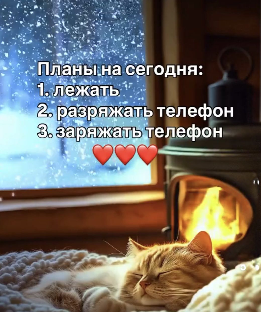 Планы на сегодня: 1. лежать 2. разряжать телефон 3. заряжать телефон ❤️❤️❤️