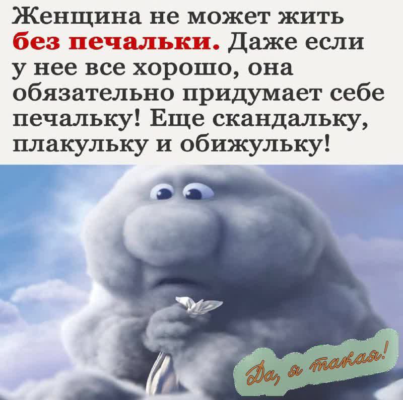 Женщина не может жить без печальки. Даже если у нее все хорошо, она обязательно придумает себе печальку! Еще скандалку, плакулку и обижулку! Ах, я такая!