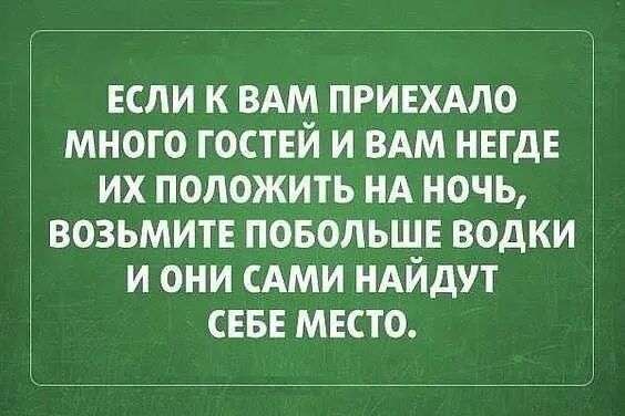 Если к вам приехало много гостей и вам негде их положить на ночь, возьмите побольше водки и они сами найдут себе место.
