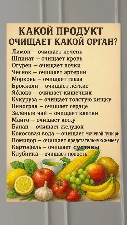 КАКОЙ ПРОДУКТ ОЧИЩАЕТ КАКОЙ ОРГАН?\nЛимон – очищает печень\nШпинат – очищает кровь\nОгурец – очищает почки\nЧеснок – очищает артерии\nМорковь – очищает глаза\nБрокколи – очищает лёгкие\nЯблоко – очищает кишечник\nКукуруза – очищает толстую кишку\nВиноград – очищает сердце\nЗелёный чай – очищает клетки\nМанго – очищает кожу\nБанан – очищает желудок\