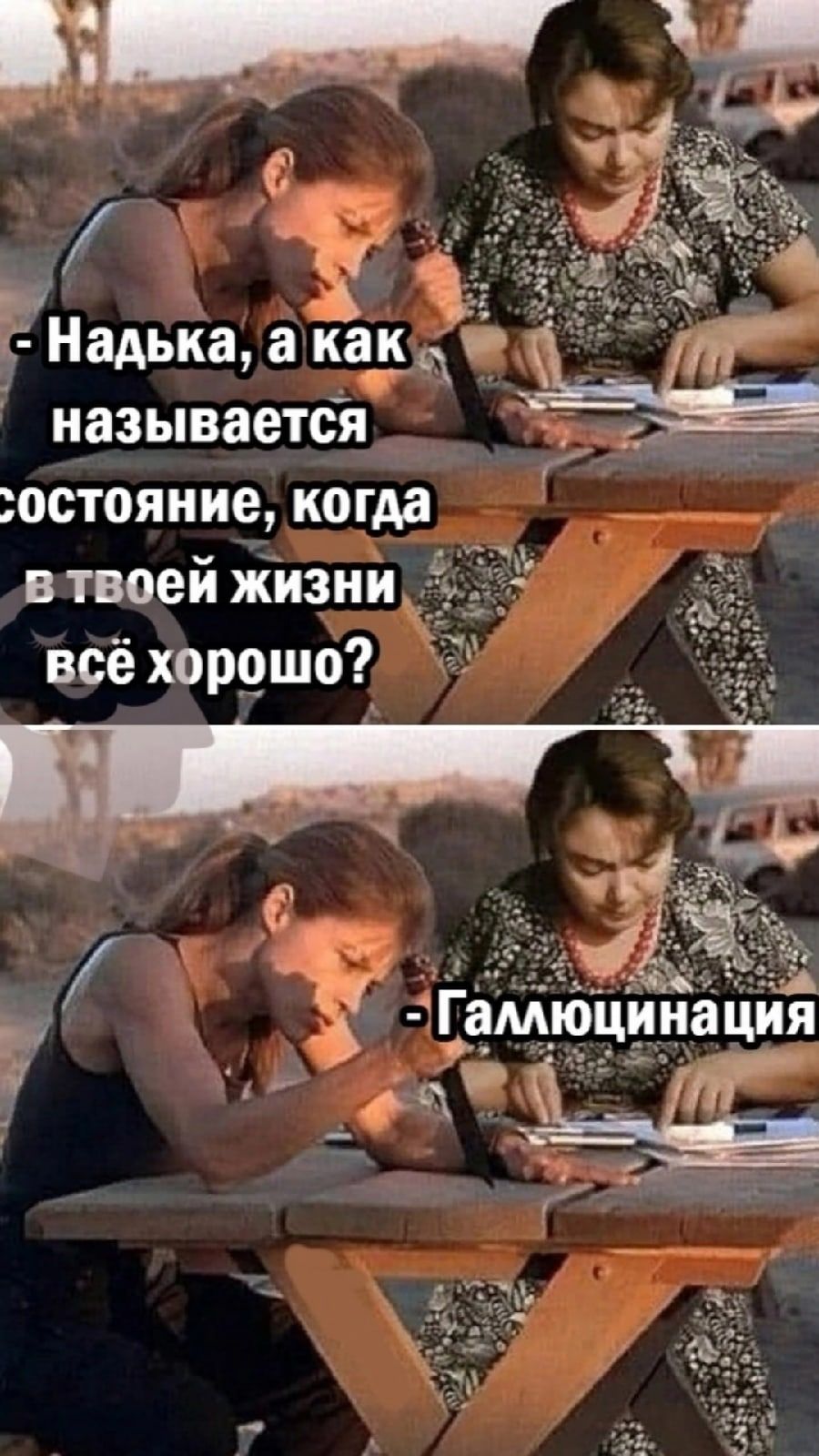 - Надька, а как называется состояние, когда в твоей жизни всё хорошо?
- Галлюцинация