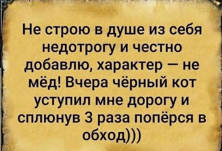 Не строю в душе из себя недотрогу и честно добавлю, характер — не мёд! Вчера чёрный кот уступил мне дорогу и сплюнув 3 раза попёрся в обход)))