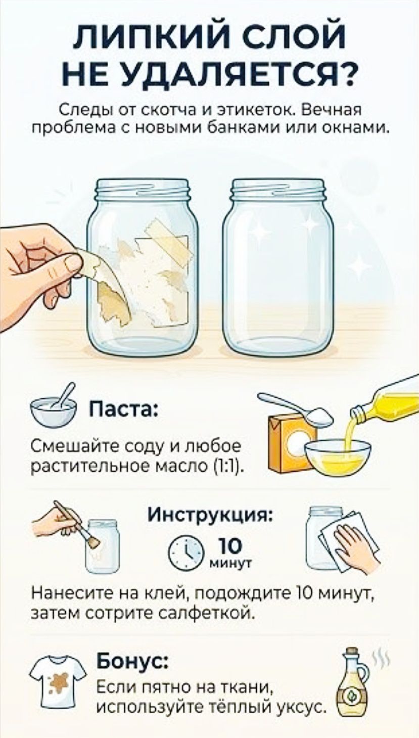 ЛИПКИЙ СЛОЙ НЕ УДАЛЯЕТСЯ?
Следы от скотча и этикеток. Вечная проблема с новыми банками или окнами.

Паста:
Смешайте соду и любое растительное масло (1:1).

Инструкция:
Нанесите на клей, подождите 10 минут, затем сотрите салфеткой.

Бонус:
Если пятно на ткани, используйте тёплый уксус.