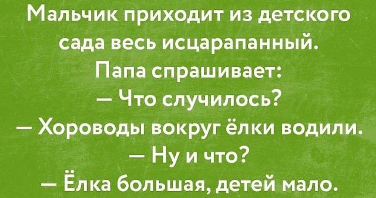 Мальчик приходит из детского сада весь исцарапанный. Папа спрашивает: — Что случилось? — Хороводы вокруг ёлки водили. — Ну и что? — Ёлка большая, детей мало.