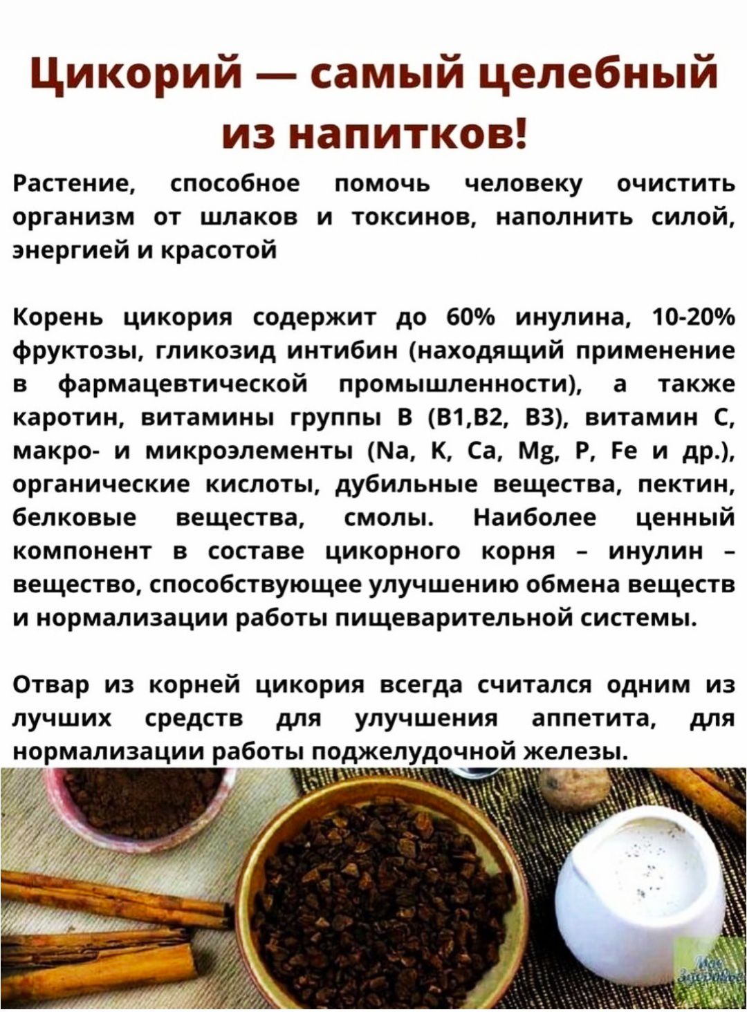 Цикорий — самый целебный из напитков!
Растение, способное помочь человеку очистить организм от шлаков и токсинов, наполнить силой, энергией и красотой

Корень цикория содержит до 60% инулина, 10-20% фруктозы, гликозид иннибитин (находящий применение в фармацевтической промышленности), а также каротин, витамины группы В (B1, B2, B3), витамин С, макр