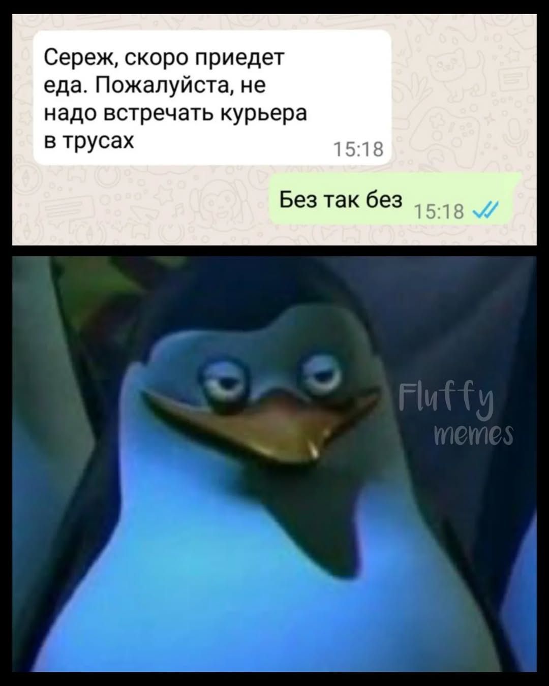 Сереж, скоро приедет еда. Пожалуйста, не надо встречать курьера в трусах
Без так без