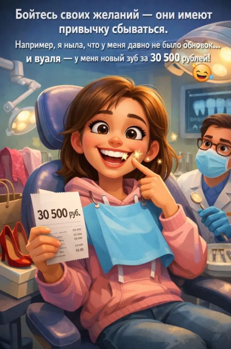 Бойтесь своих желаний — они имеют привычку сбываться. Например, я ныла, что у меня давно не было обновок... и вдруг — у меня новый зуб за 30 500 рублей!