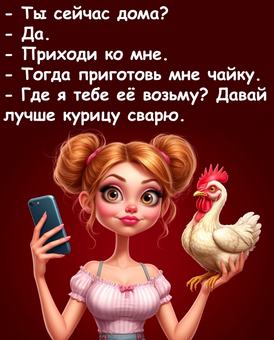 - Ты сейчас дома?
- Да.
- Приходи ко мне.
- Тогда приготовь мне чайку.
- Где я тебе её возьму? Давай лучше курицу сварю.