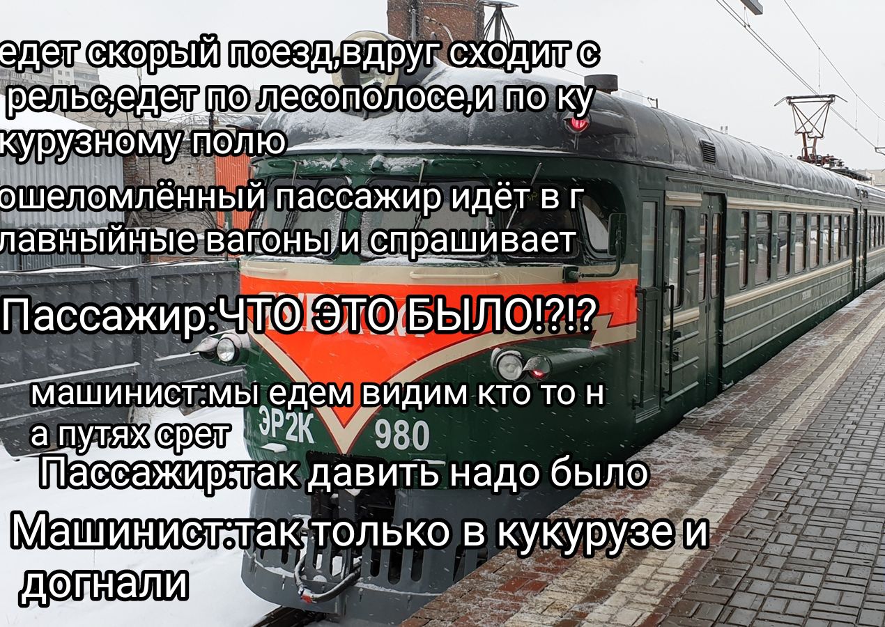 едет скорый поезд, вдруг сходят с рельсов, едет по лесополосе, и по кукурузному полю. пассажир идёт в вагоне и спрашивает. Пассажир: Что это было?!? Машинист: мы едем, видим кто-то на путях. Пассажир: так давить надо было. Машинист: так только в кукурузе и догнали.