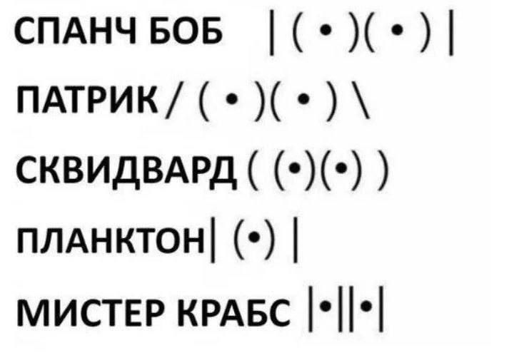 СПАНЧ БОБ |(•)(•)|
ПАТРИК / (•)(•) \
СКВИДВАРД ((•)(•))
ПЛАНКТОН |(•)|
МИСТЕР КРАБС |||