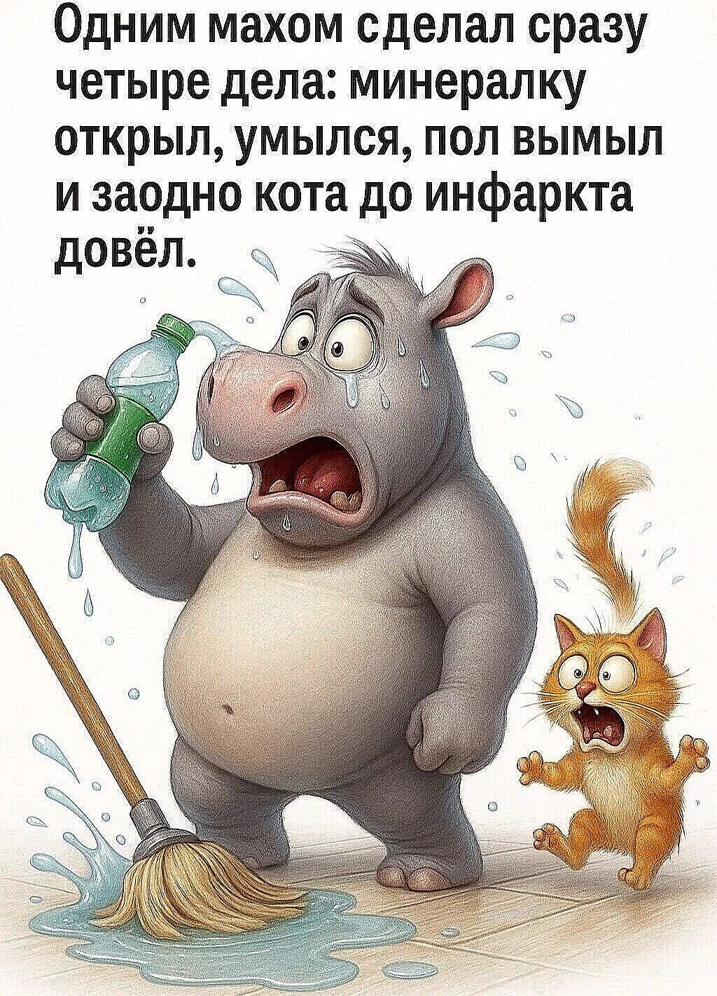 Одним махом сделал сразу четыре дела: минералку открыл, умылся, пол вымыл и заодно кота до инфаркта довёл.