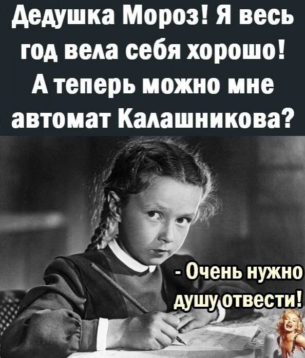 Дедушка Мороз! Я весь год вела себя хорошо! А теперь можно мне автомат Калашникова? - Очень нужно душу отвести!