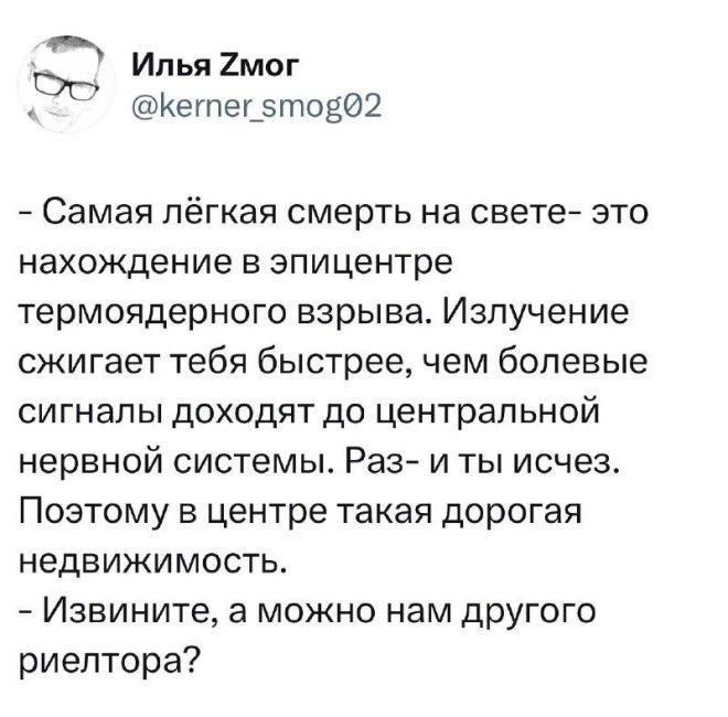 - Самая лёгкая смерть на свете- это нахождение в эпицентре термоядерного взрыва. Излучение сжигает тебя быстрее, чем болевые сигналы доходят до центральной нервной системы. Раз - и ты исчез. Поэтому в центре такая дорогая недвижимость.
- Извините, а можно нам другого риелтора?