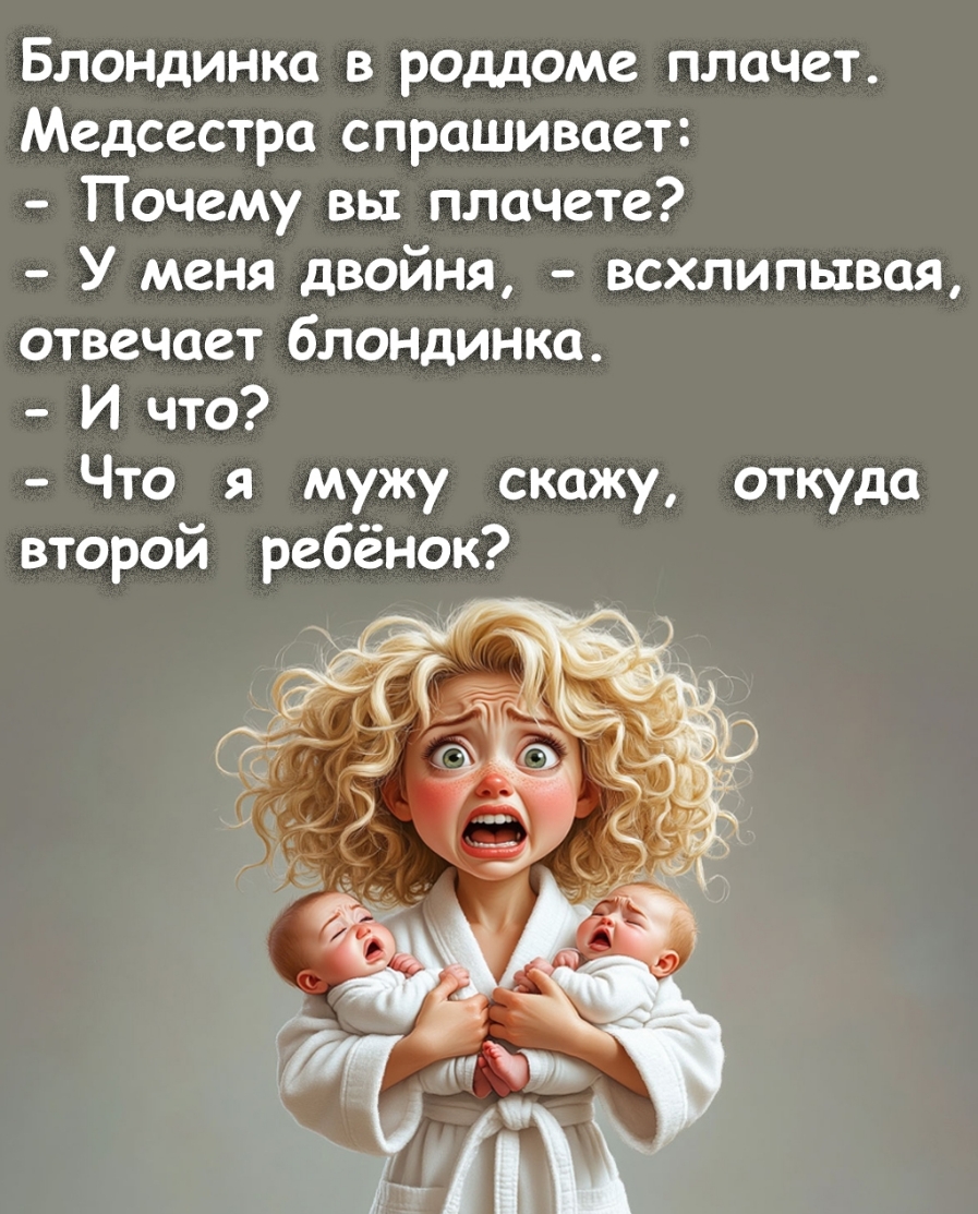 Блондинка в роддоме плачет. Медсестра спрашивает: - Почему вы плачете? - У меня двойня, - вскрикивает, отвечает блондинка. - И что? - Что я мужу скажу, откуда второй ребёнок?