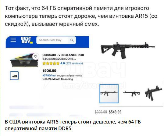 Тот факт, что 64 ГБ оперативной памяти для игрового компьютера теперь стоят дороже, чем винтовка AR15 (со скидкой), вызывает мрачный смех. В США винтовка AR15 теперь стоит дешевле, чем 64 ГБ оперативной памяти DDR5